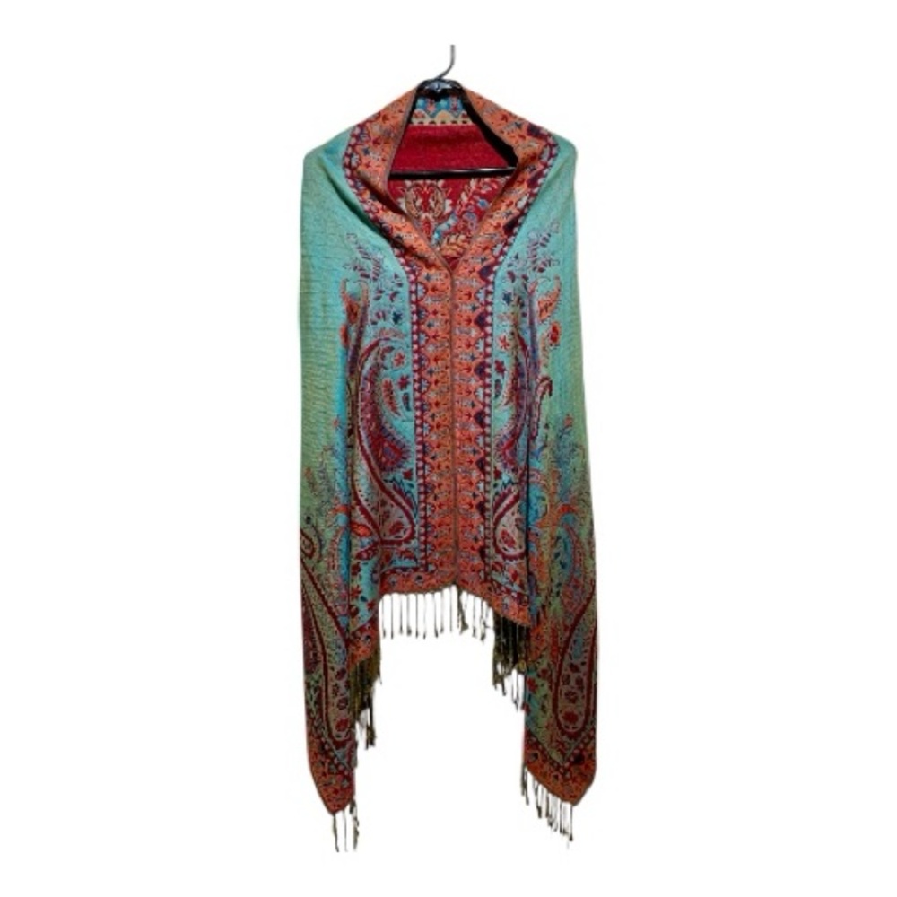 Women’s Bohemian Paisley Pullover Shawl with Fringe Size Medium - Picture 1 of 6